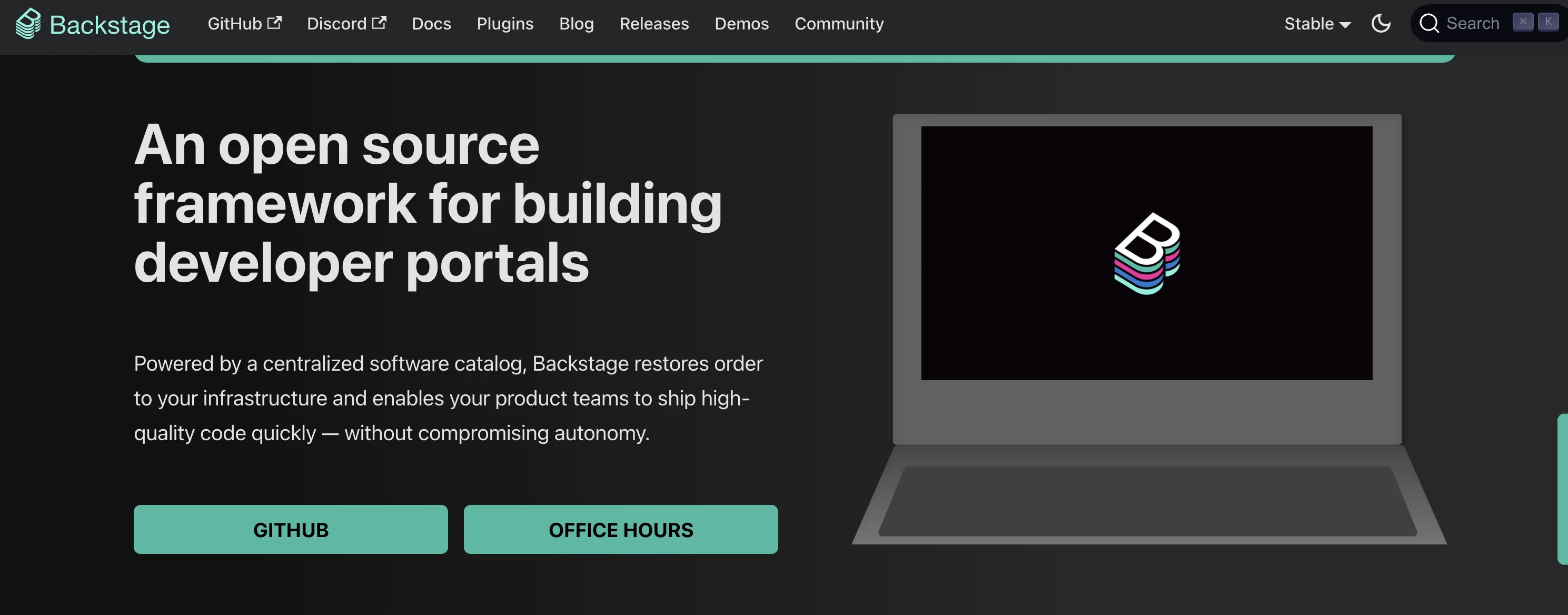 Spotify Backstage internal developer platform interface showing unified view of services, documentation, and infrastructure
