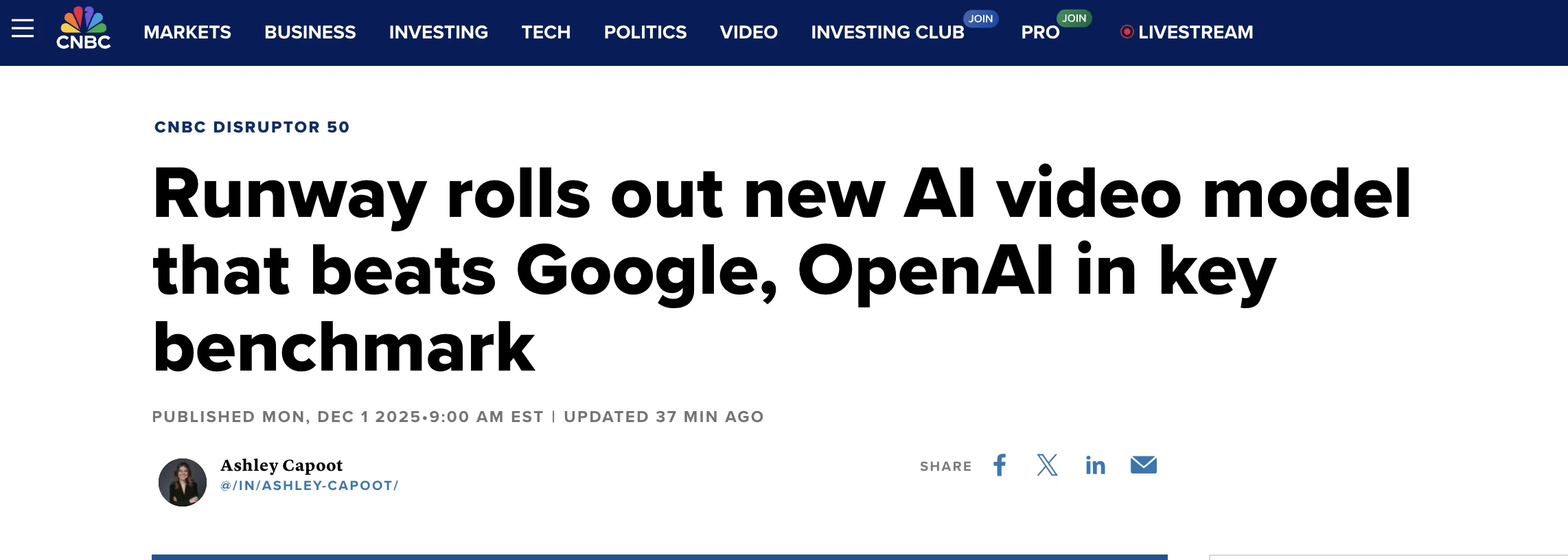 Runway Gen 4.5 leading the Video Arena leaderboard, beating Google Veo 3 and OpenAI Sora 2